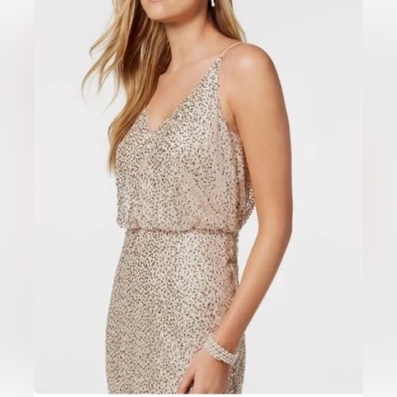 Adrianna Papell Champagne Sequin Beaded V-Neckline Blouson Maxi Gown Dress Sz 12 - Picture 1 of 12